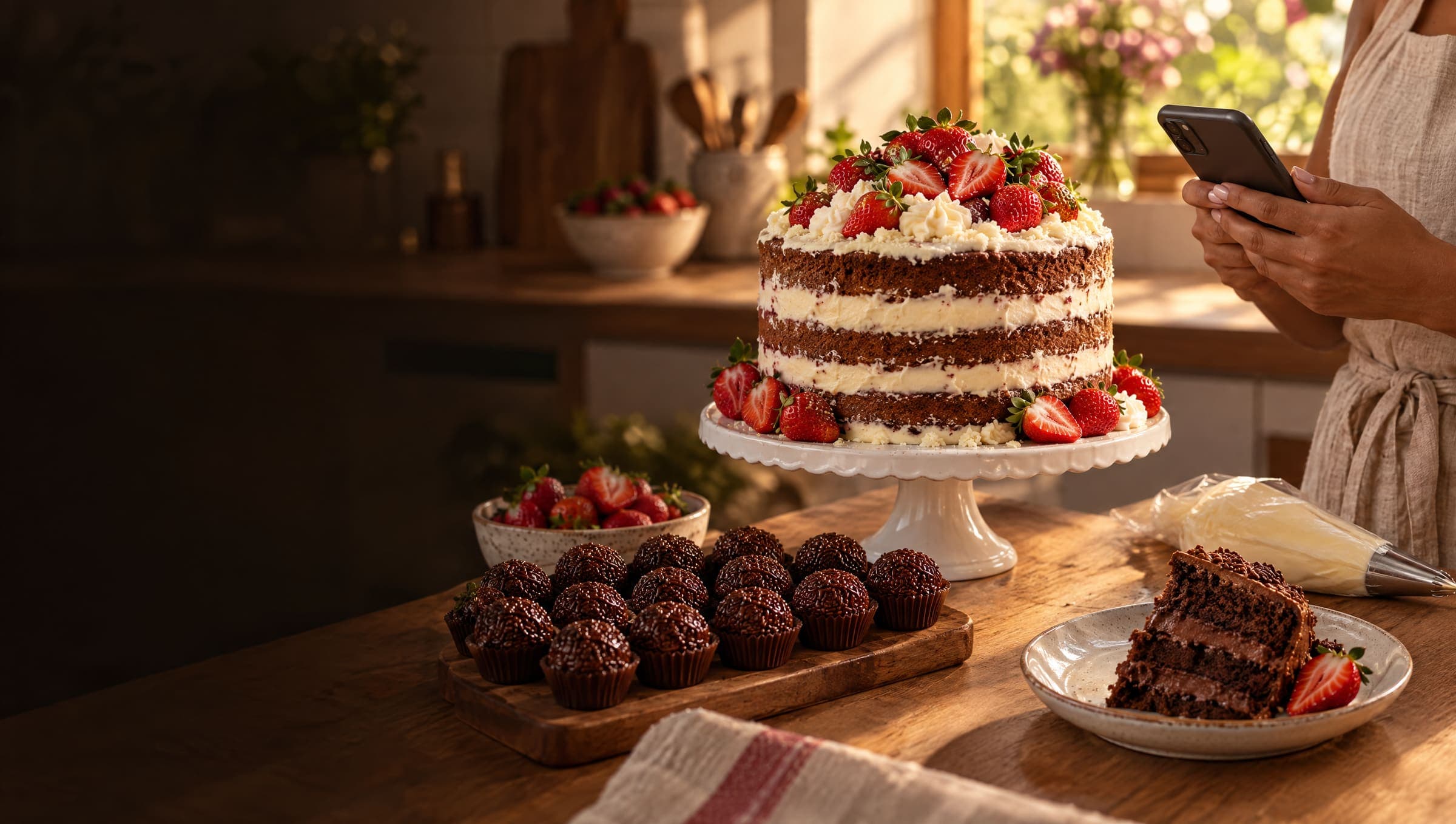 Bancada de confeitaria com bolos decorados e brigadeiros