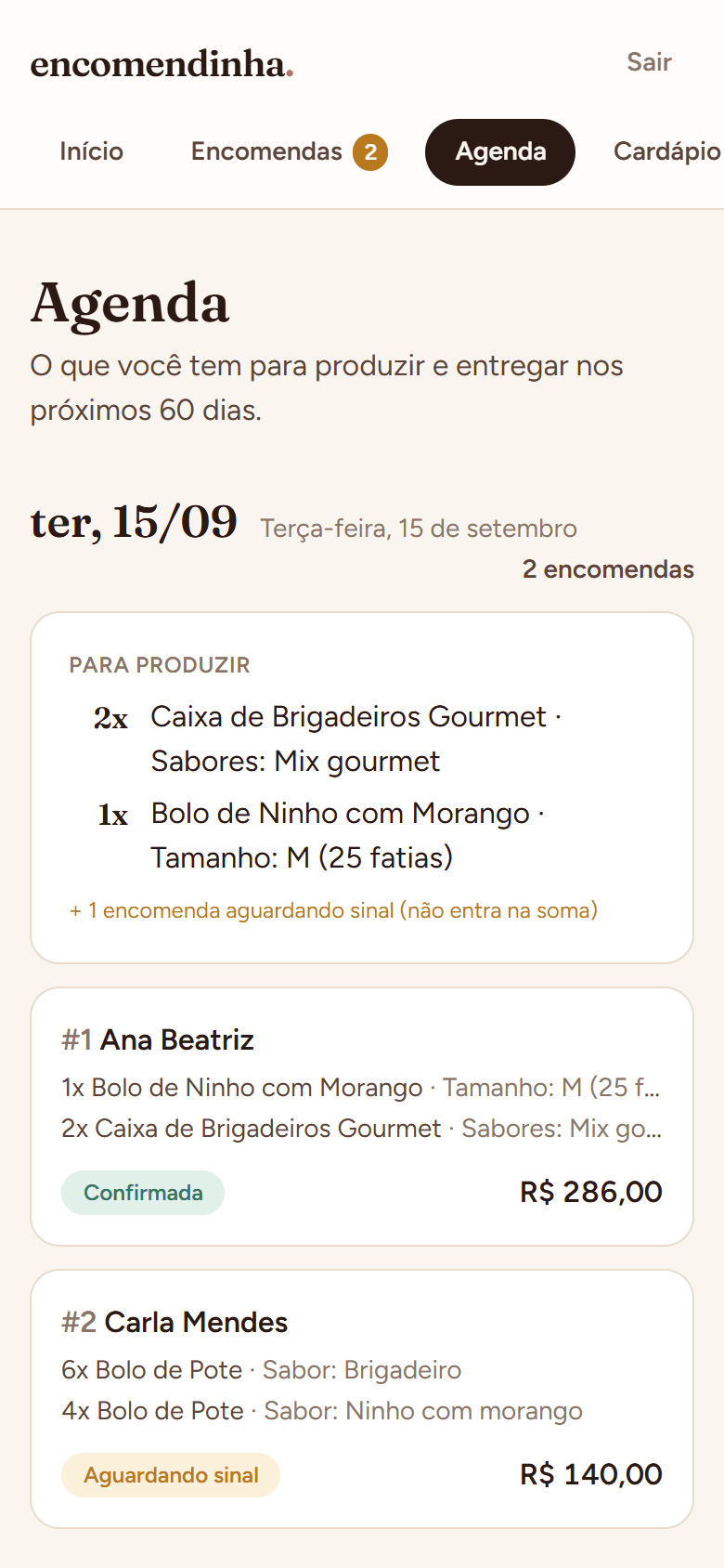 Agenda de produção com as encomendas do dia