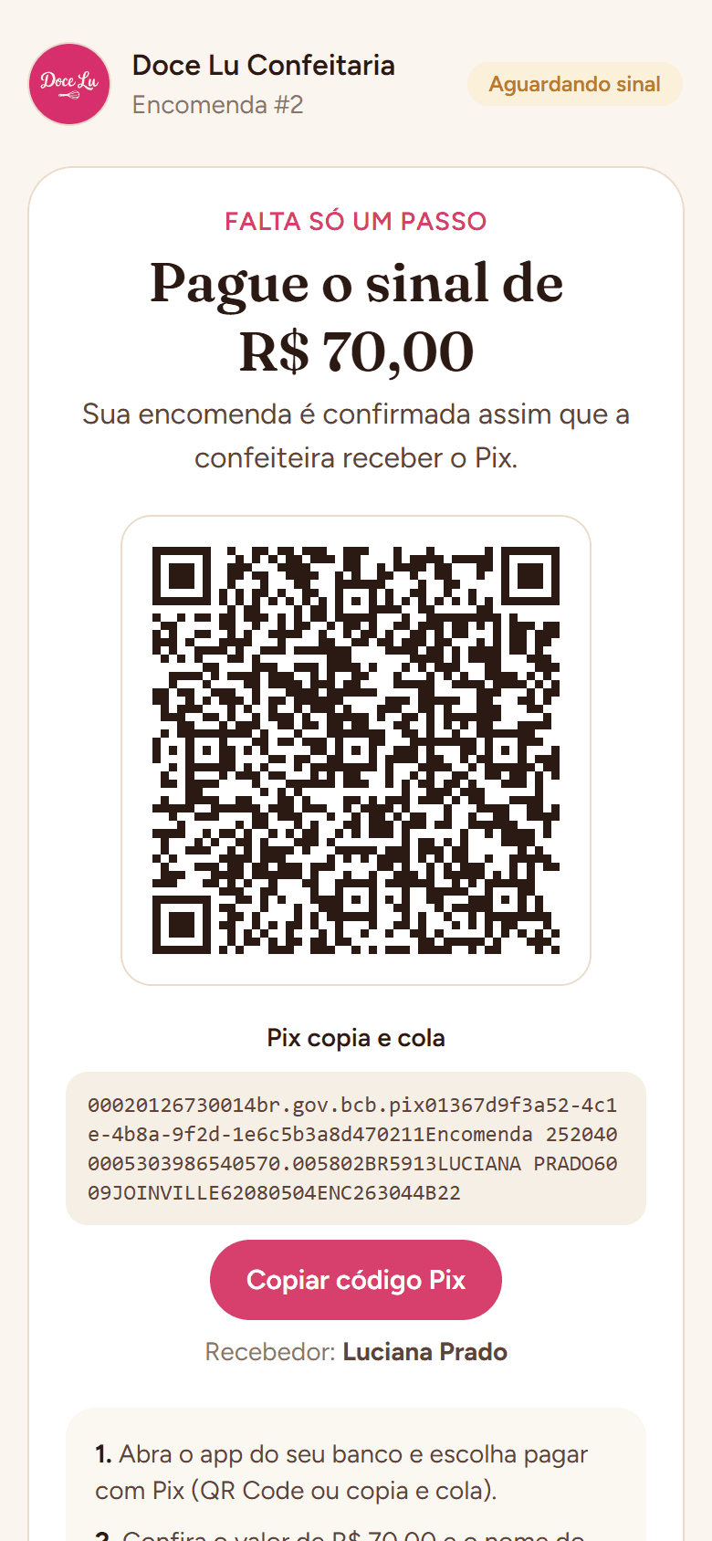 Tela do Pix do sinal com QR Code