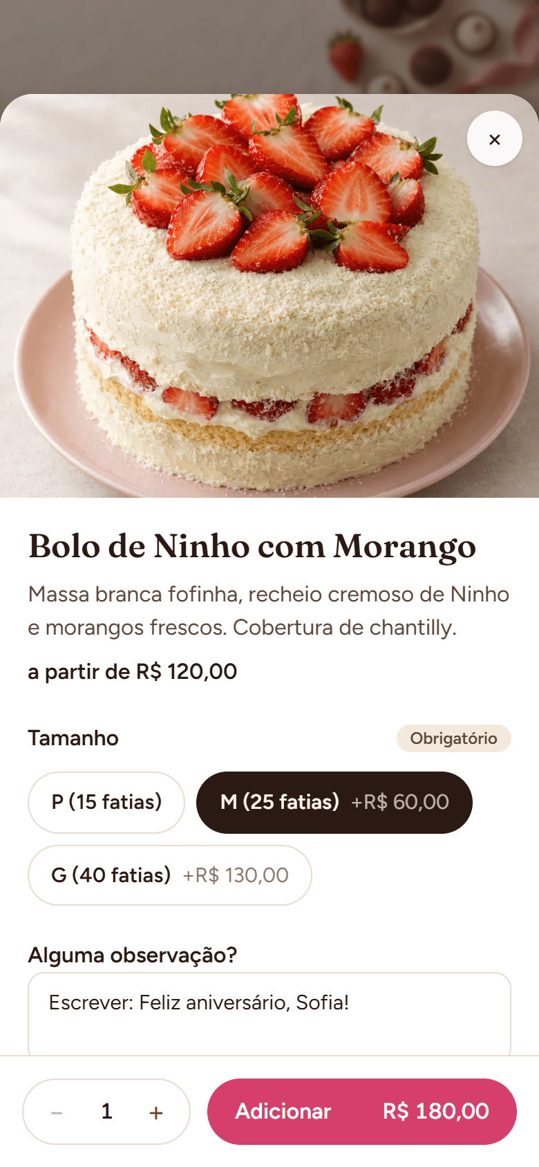 Tela de um bolo com opções de tamanho e sabor